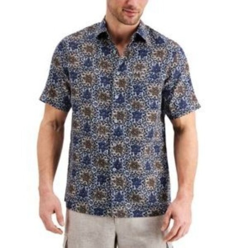 Tasso Elba Mens Shirt Blue Vine Print Pocket Button Up Size XL